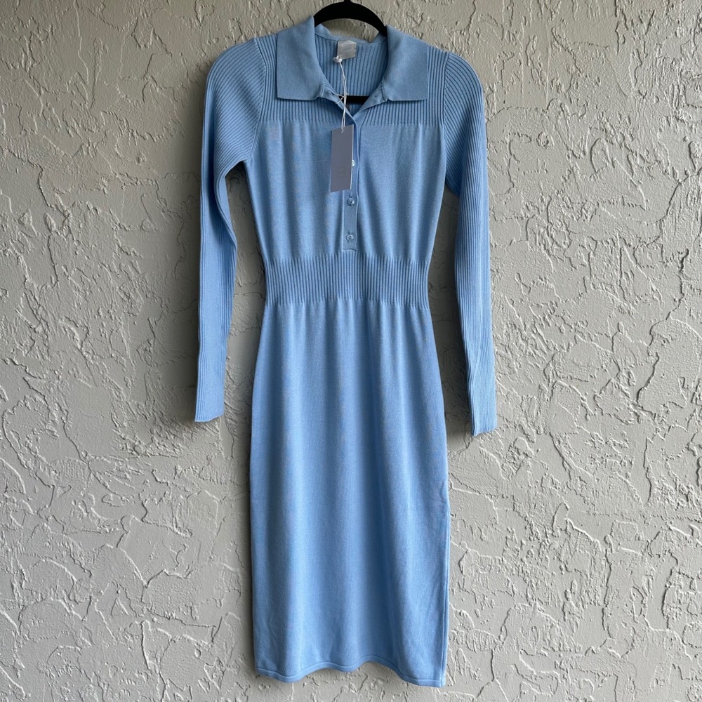 8 by YOOX Dress‎ Women Medium Ribbed Knit Polo Collar Midi Dress Light Italy